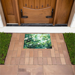 Botanical Watercolor White Blossoms Green Leaves Doormat