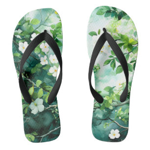 Botanical Watercolor White Blossoms Green Leaves Jandals