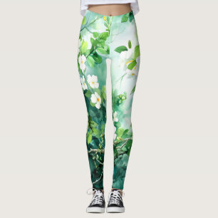 Botanical Watercolor White Blossoms Green Leaves Leggings