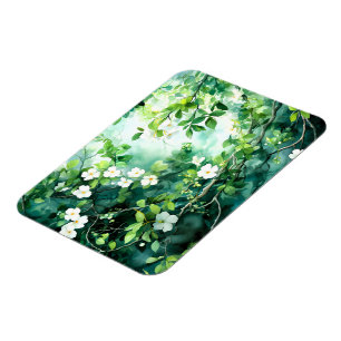 Botanical Watercolor White Blossoms Green Leaves Magnet
