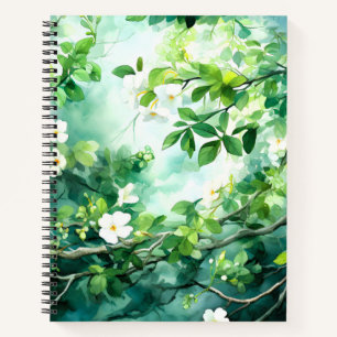 Botanical Watercolor White Blossoms Green Leaves Notebook