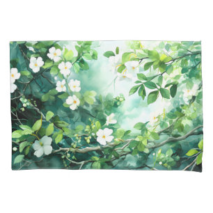 Botanical Watercolor White Blossoms Green Leaves Pillowcase