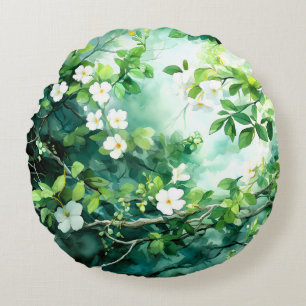 Botanical Watercolor White Blossoms Green Leaves Round Cushion