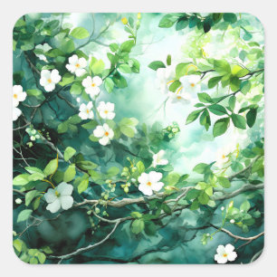 Botanical Watercolor White Blossoms Green Leaves Square Sticker