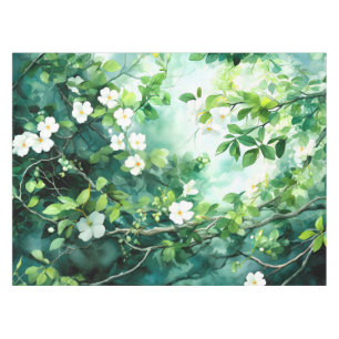 Botanical Watercolor White Blossoms Green Leaves Tablecloth