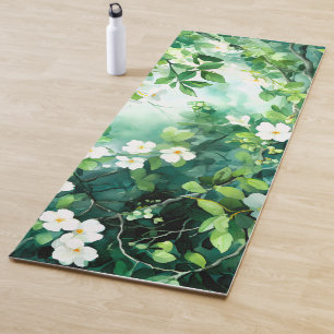 Botanical Watercolor White Blossoms Green Leaves Yoga Mat