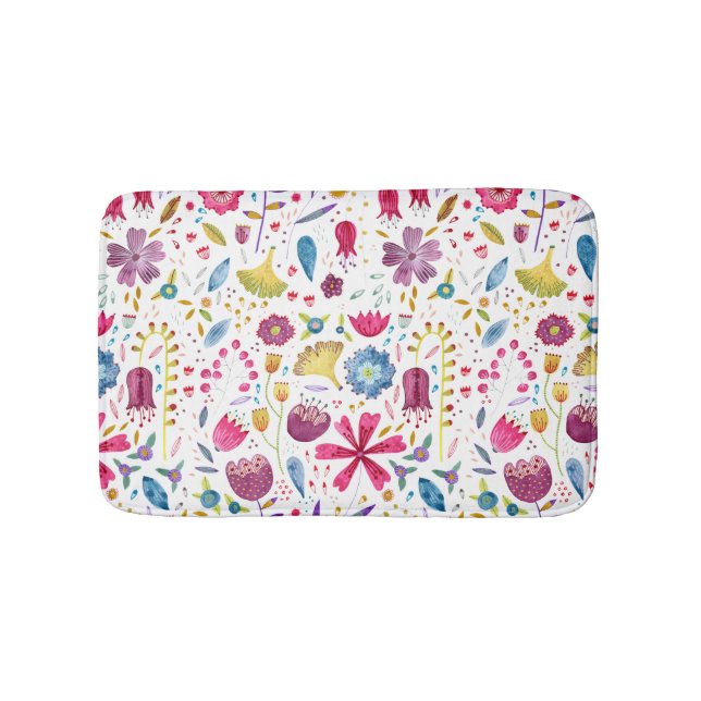 Botanical Watercolor Wild Flower Painting Bath Mat (Front)