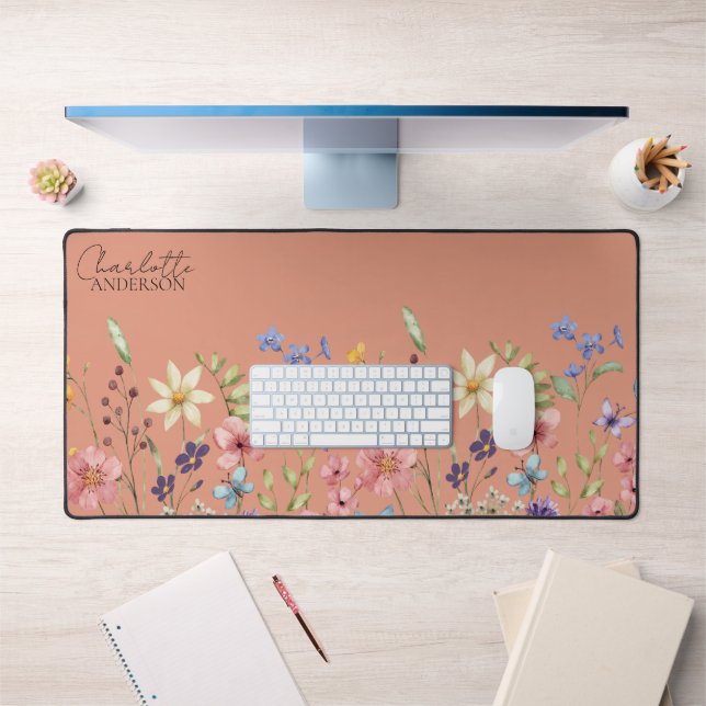 Botanical Watercolor Wildflowers  Peach Desk Mat (Office 1)