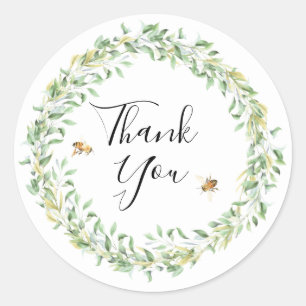 Botanical Watercolor Wreath Honeybees Thank You Classic Round Sticker