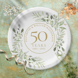 Botanical Watercolour Greenery 50th Anniversary Paper Plate