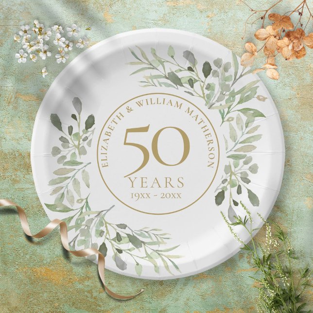 Botanical Watercolour Greenery 50th Anniversary Paper Plate (Creator Uploaded)