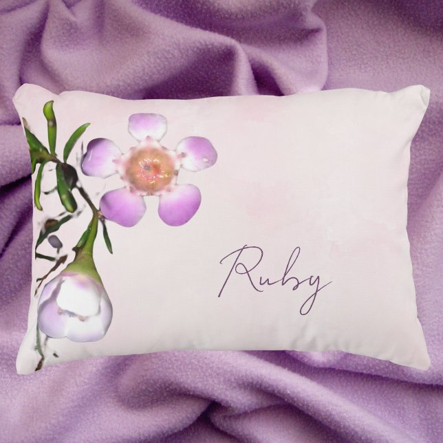 Botanical Wax Flower Accent Pillow (Purple and white floral wax flower lumbar pillow. Easy to customize)