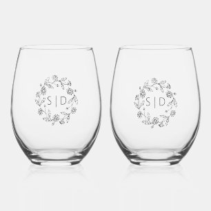 Botanical Wedding black white Stemless Wine Glass