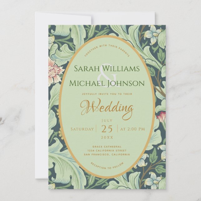 Botanical Wedding Green Leaves Gold Mint Vintage Invitation (Front)