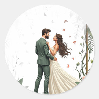 Botanical Wedding Illustration Bride Groom Ferns H Classic Round Sticker