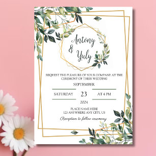 Botanical Wedding Invitation, Modern Green Leaves Invitation
