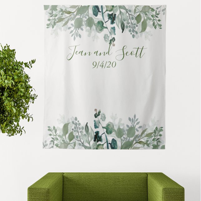 Botanical Wedding Leaves Modern Greenery Waterfall Tapestry (Creator Uploaded)