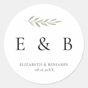Botanical Wedding Monogram Greenery Elegant Classic Round Sticker