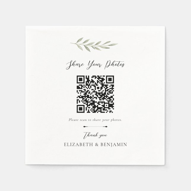 Botanical Wedding QR Code Share your Photos Napkin (Front)