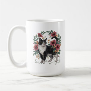 Botanical Whiskers: Folk Art Floral Cat Coffee Mug