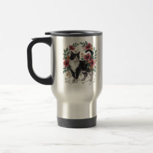 Botanical Whiskers: Folk Art Floral Cat Travel Mug