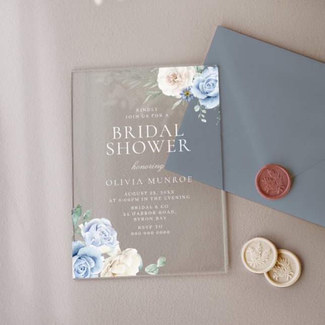 Botanical White & Blue Floral Bridal Shower Acrylic Invitations (Creator Uploaded)