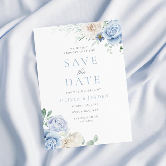 Botanical White & Blue Floral Wedding Save The Date (Creator Uploaded)