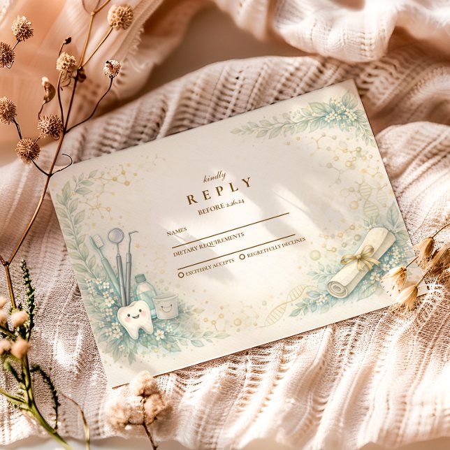 Botanical White Coat Dentist Graduation RSVP Card (Creator Uploaded)