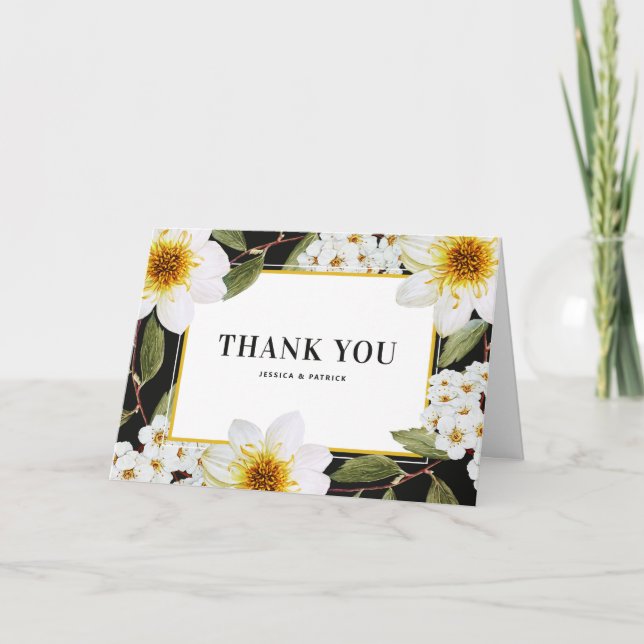 Botanical White Dahlias and Spireas Wedding Thank You Card (Front)