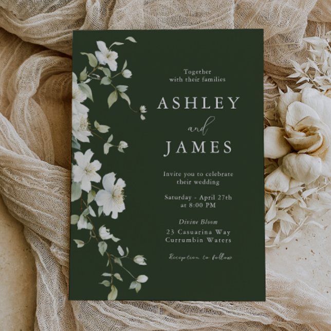 Botanical White Floral Emerald Green Wedding Invitation (Creator Uploaded)