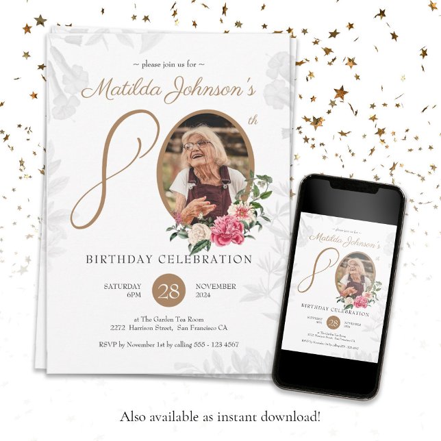 Botanical White Gold Custom Photo 80th Birthday Invitation (Botanical 80th Birthday White Gold Custom Photo Invitation)