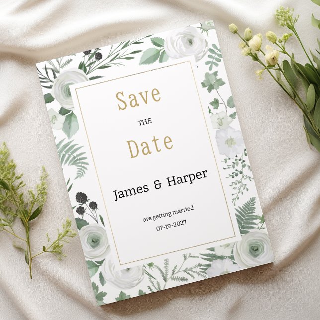 Botanical white mint berries floral Save the Date Invitation (Botanical white mint berries floral Save the Date)