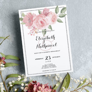Botanical white pink green floral theme Wedding Invitation