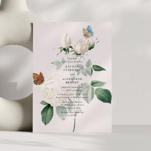 Botanical white rose butterfly wedding invitation