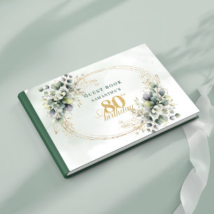 Botanical White Roses Gold 80th Birthday Guest Book