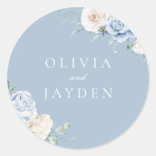 Botanical White & Sky Blue Floral Wedding Classic Round Sticker