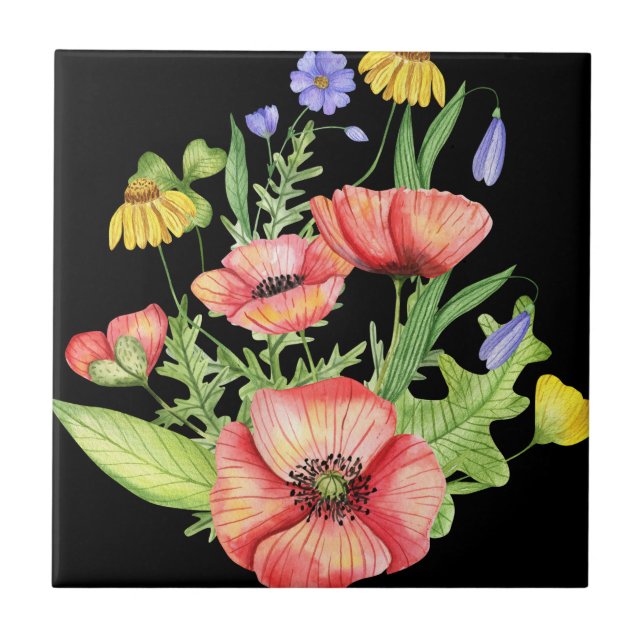 Botanical Wildflower Bouquet Watercolor Art Tile (Front)