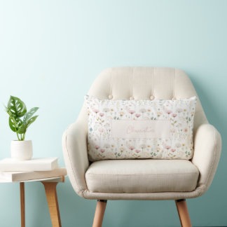 Botanical Wildflower Custom Name Dusty Pink Sage Lumbar Cushion