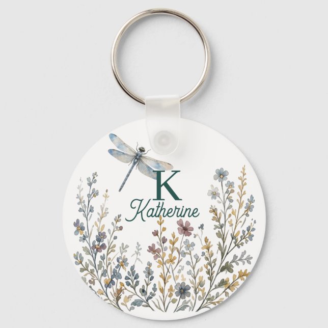 Botanical Wildflower Dragonfly Monogram Canvas Tot Key Ring (Front)