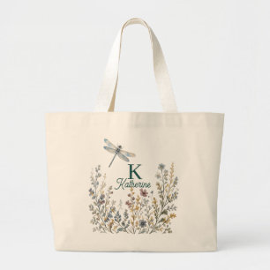 Botanical Wildflower Dragonfly Monogram Canvas Tot Large Tote Bag