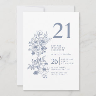 Botanical Wildflower Dusty Blue 21st Birthday Invitation