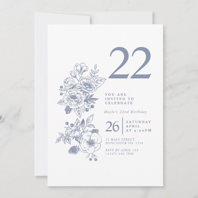 Botanical Wildflower Dusty Blue 22nd Birthday Invitation (Front)