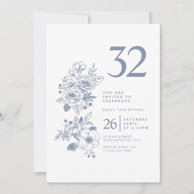 Botanical Wildflower Dusty Blue 32nd Birthday Invitation (Front)
