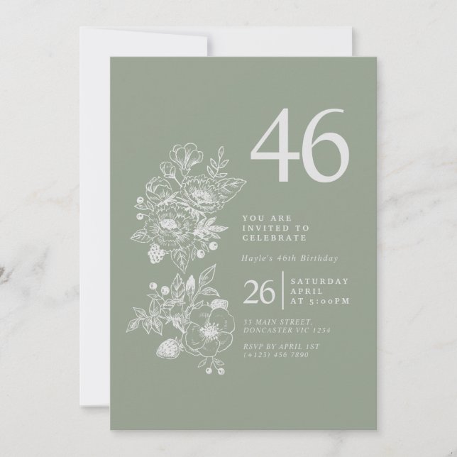 Botanical Wildflower Dusty Blue 46th Birthday Invitation (Front)