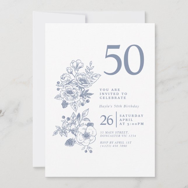 Botanical Wildflower Dusty Blue 50th Birthday Invitation (Front)