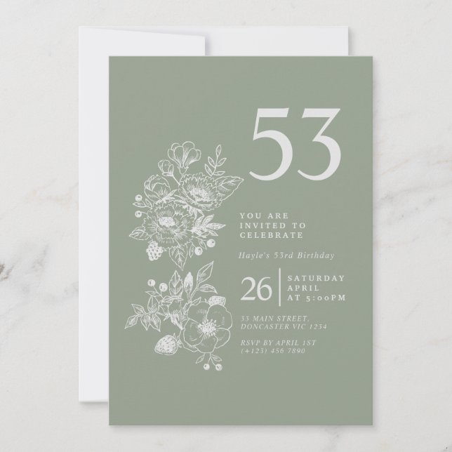 Botanical Wildflower Dusty Blue 53rd Birthday Invitation (Front)