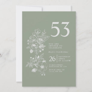 Botanical Wildflower Dusty Blue 53rd Birthday Invitation