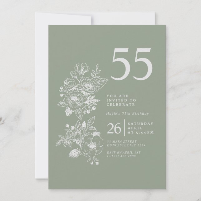 Botanical Wildflower Dusty Blue 55th Birthday Invitation (Front)