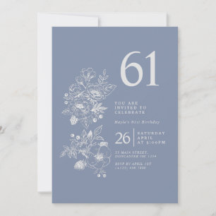 Botanical Wildflower Dusty Blue 61st Birthday Invitation