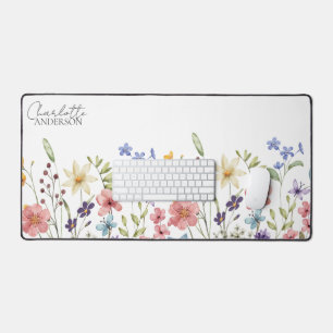 Botanical Wildflower Name Monogram White Desk Mat